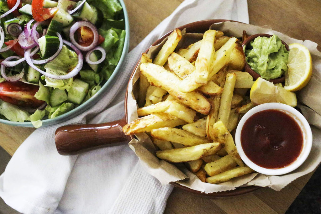 HEALTHY FRIES WITH SALAD AND AVO WHIP